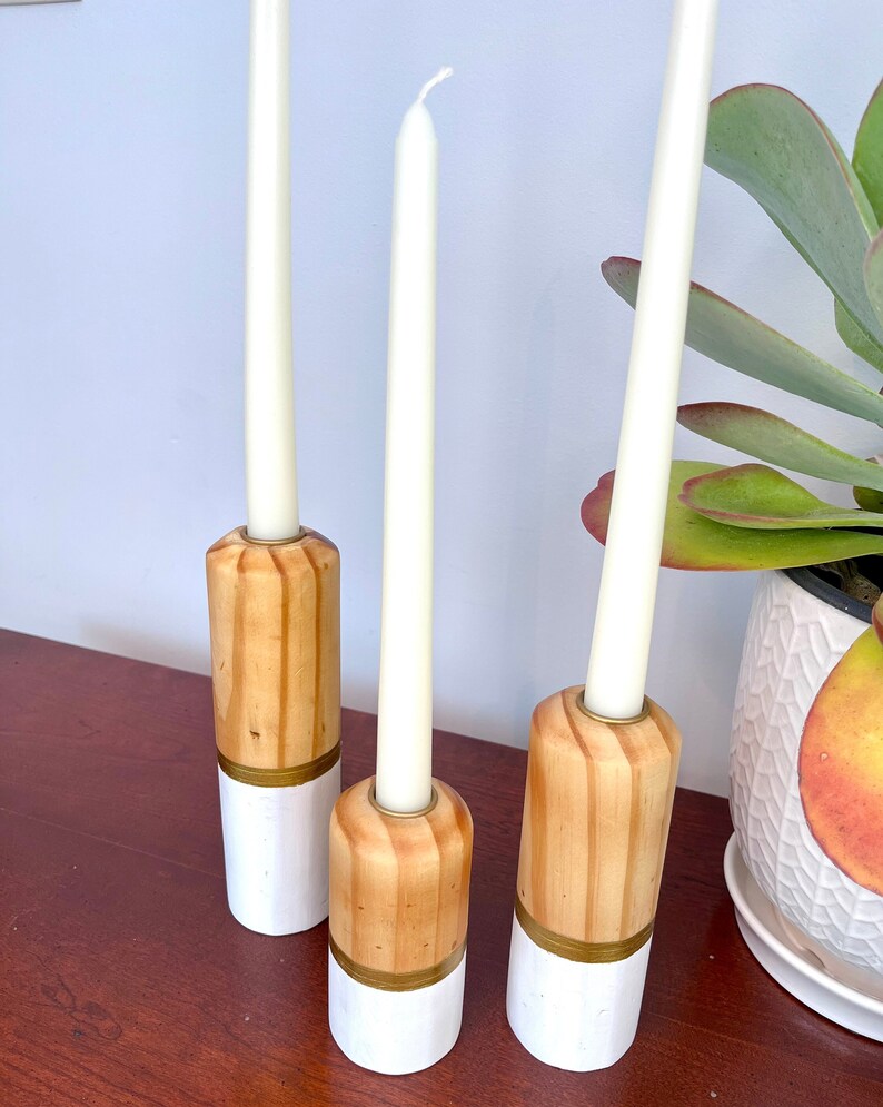 Natural Wood Taper Candle Holders With White and Metallic Gold Accents