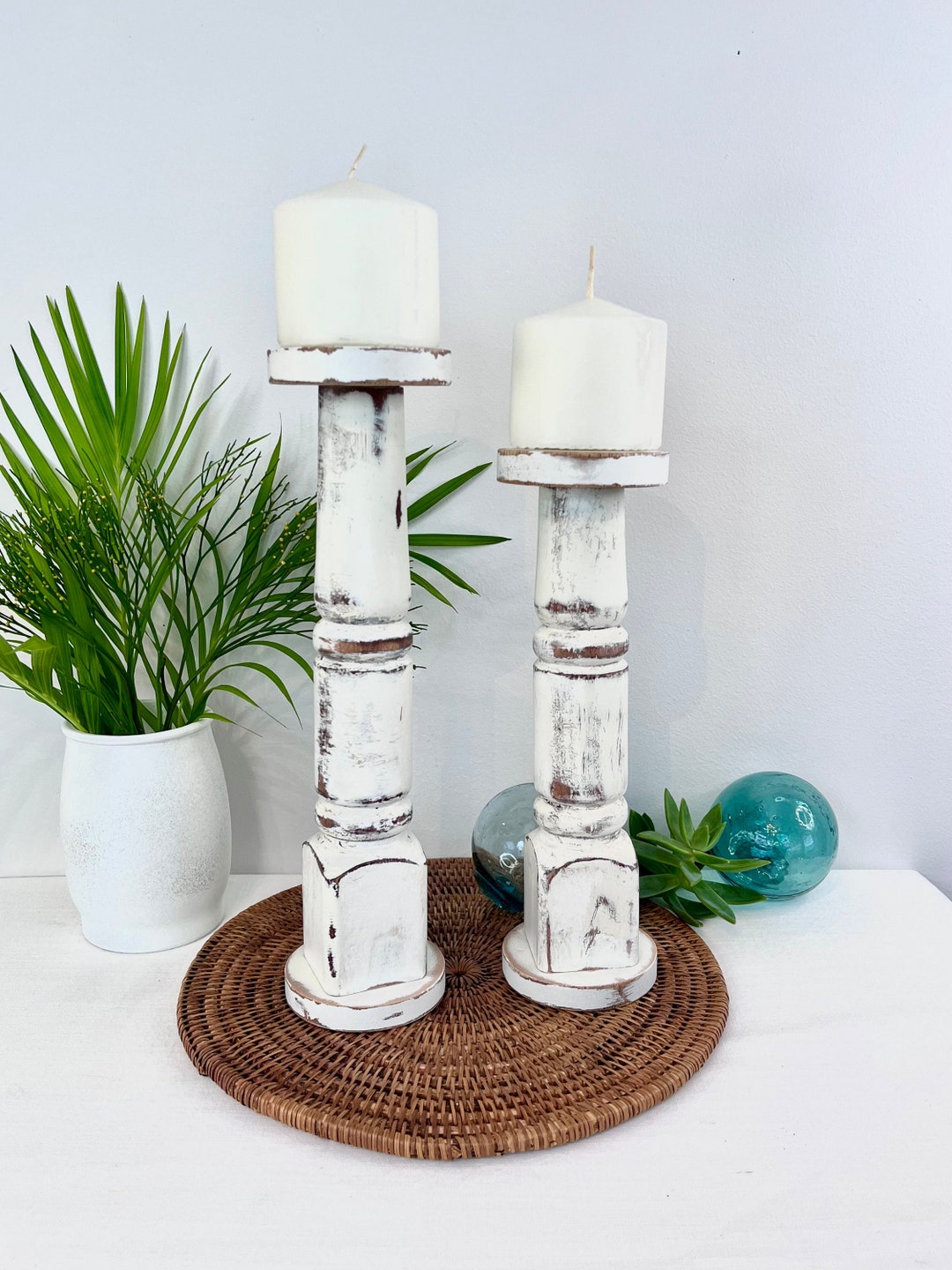 White Pillar Candle Holders From Repurposed Solid Wood Etsy