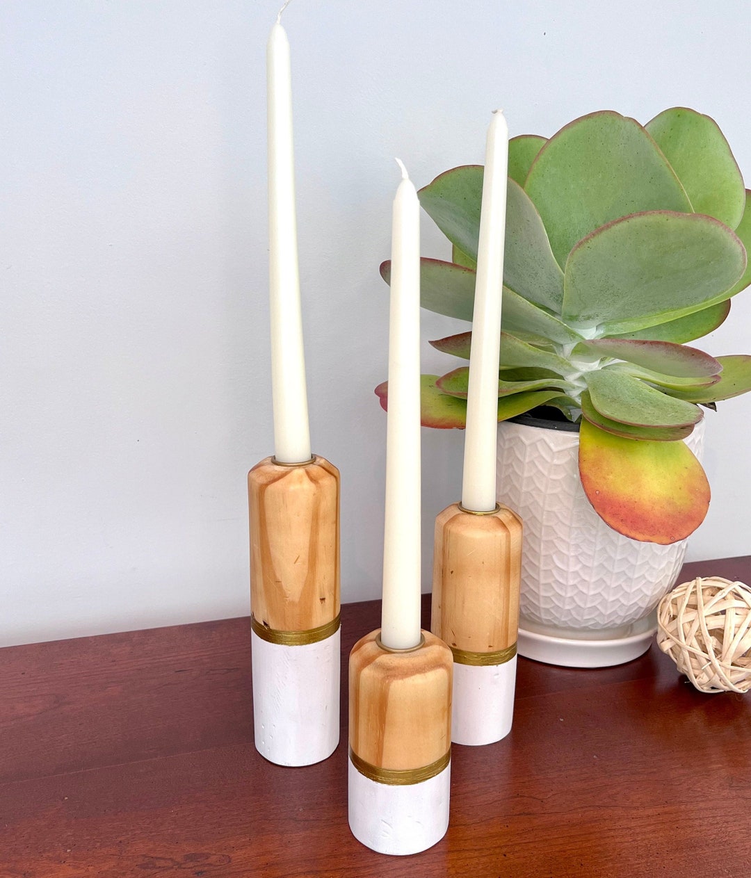 Natural Wood Taper Candle Holders With White and Metallic Gold Accents