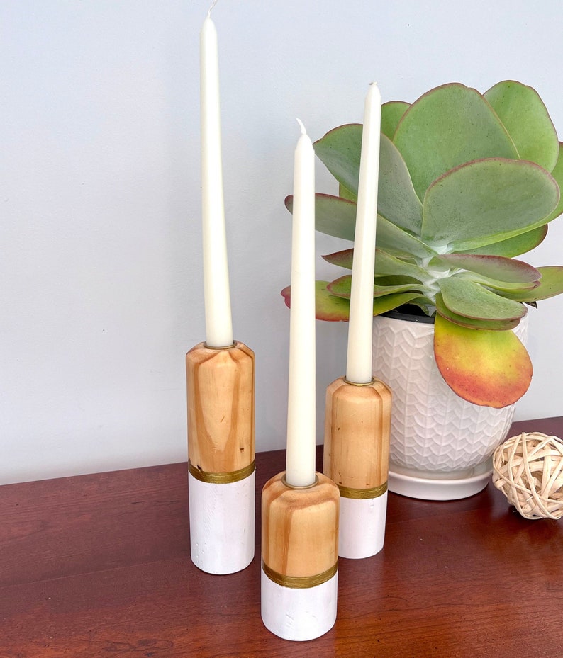 Natural Wood Taper Candle Holders With White and Metallic Gold Accents. Set of 3. Handpainted