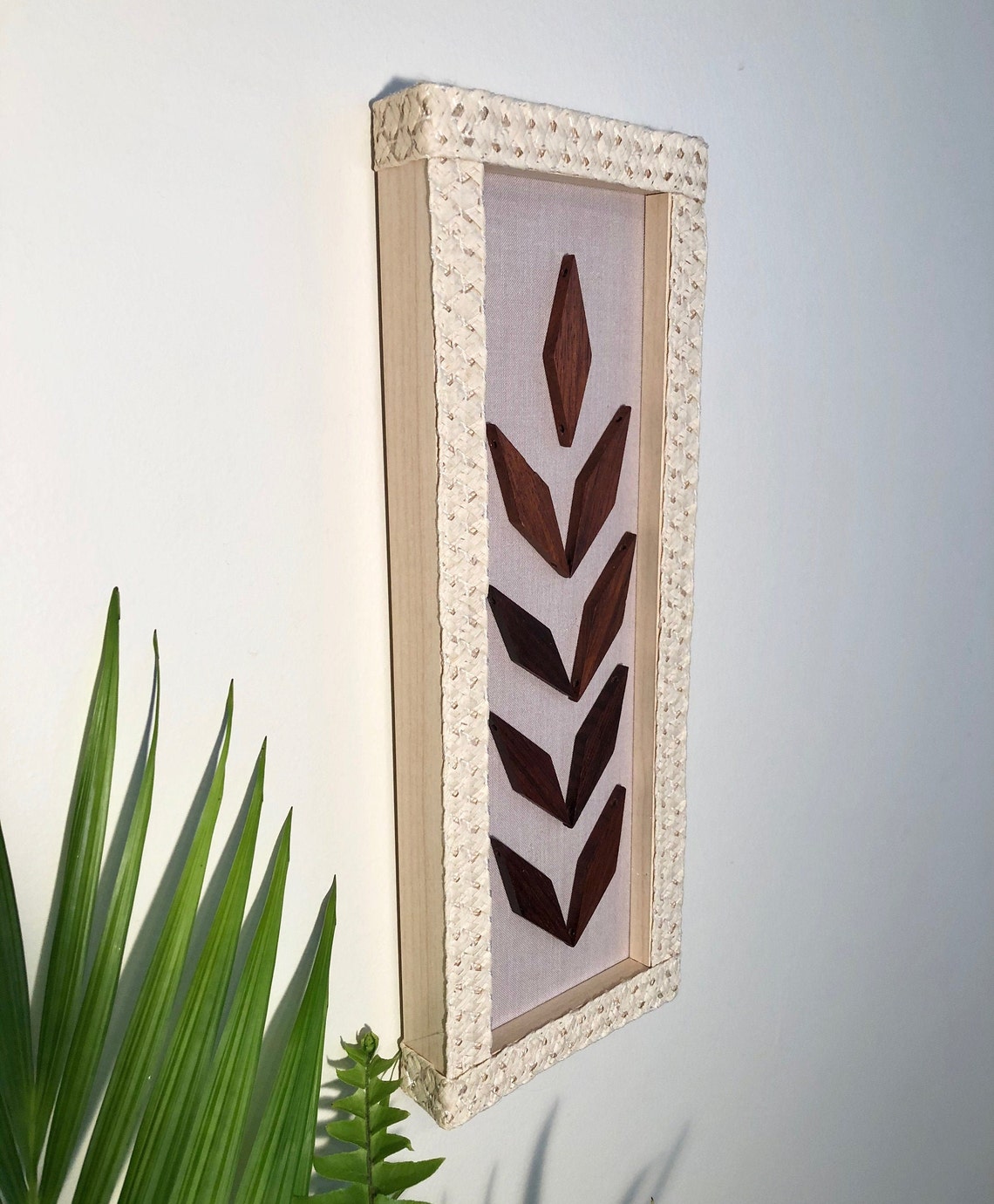 Wood bead framed art wall art woven straw rosewood Etsy