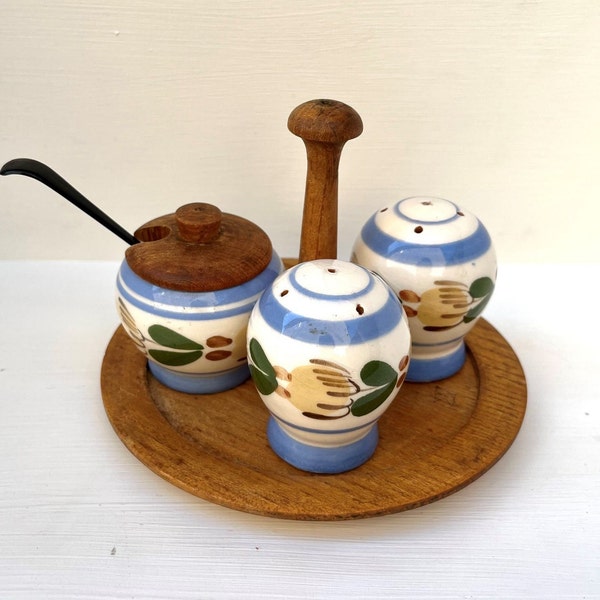 Vintage Danish Teak and Ceramic Condiment Set, Hand painted vintage danish mustard set