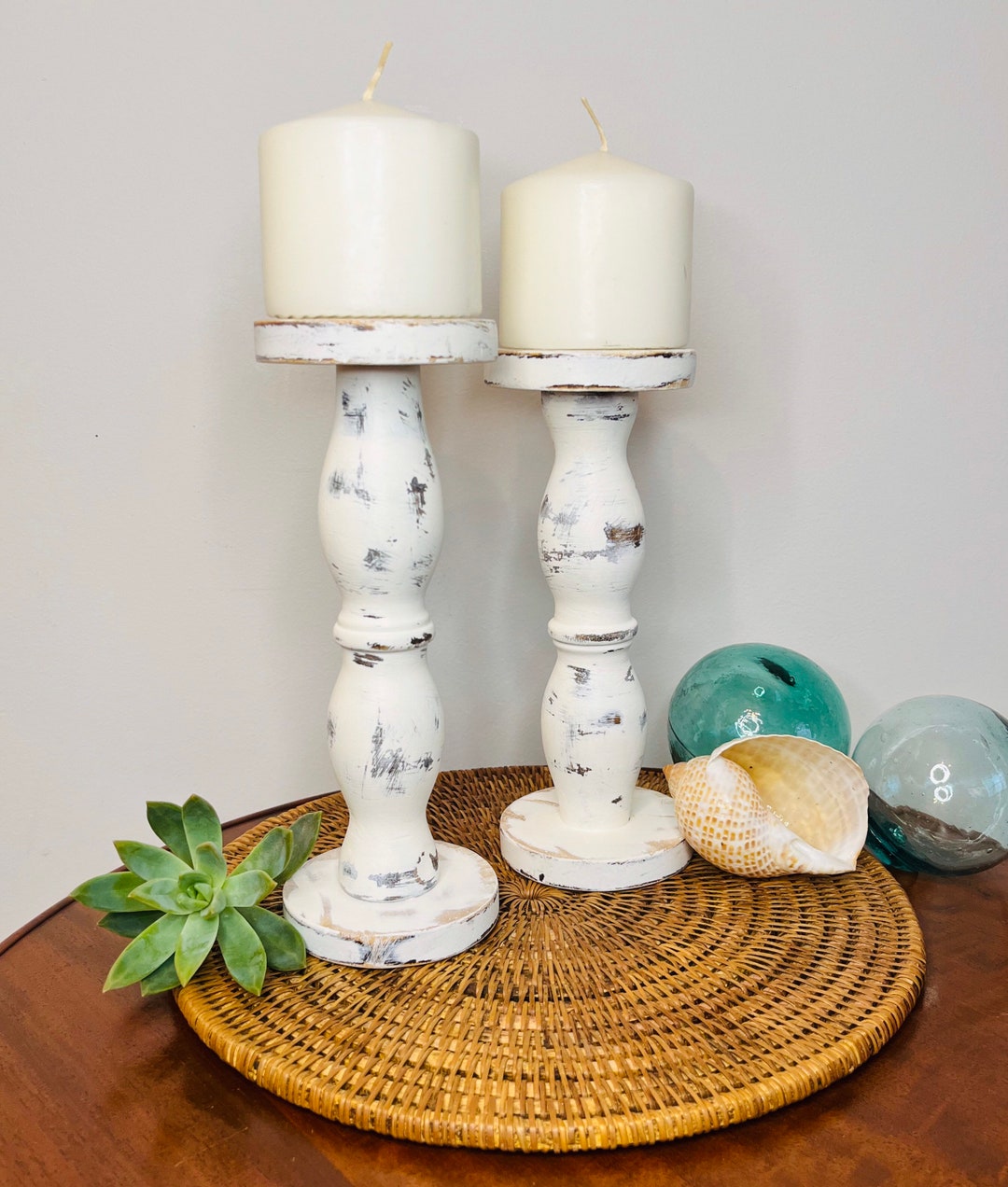 White Pillar Candle Holders, Repurposed Table Legs, Wood Pillar Candle