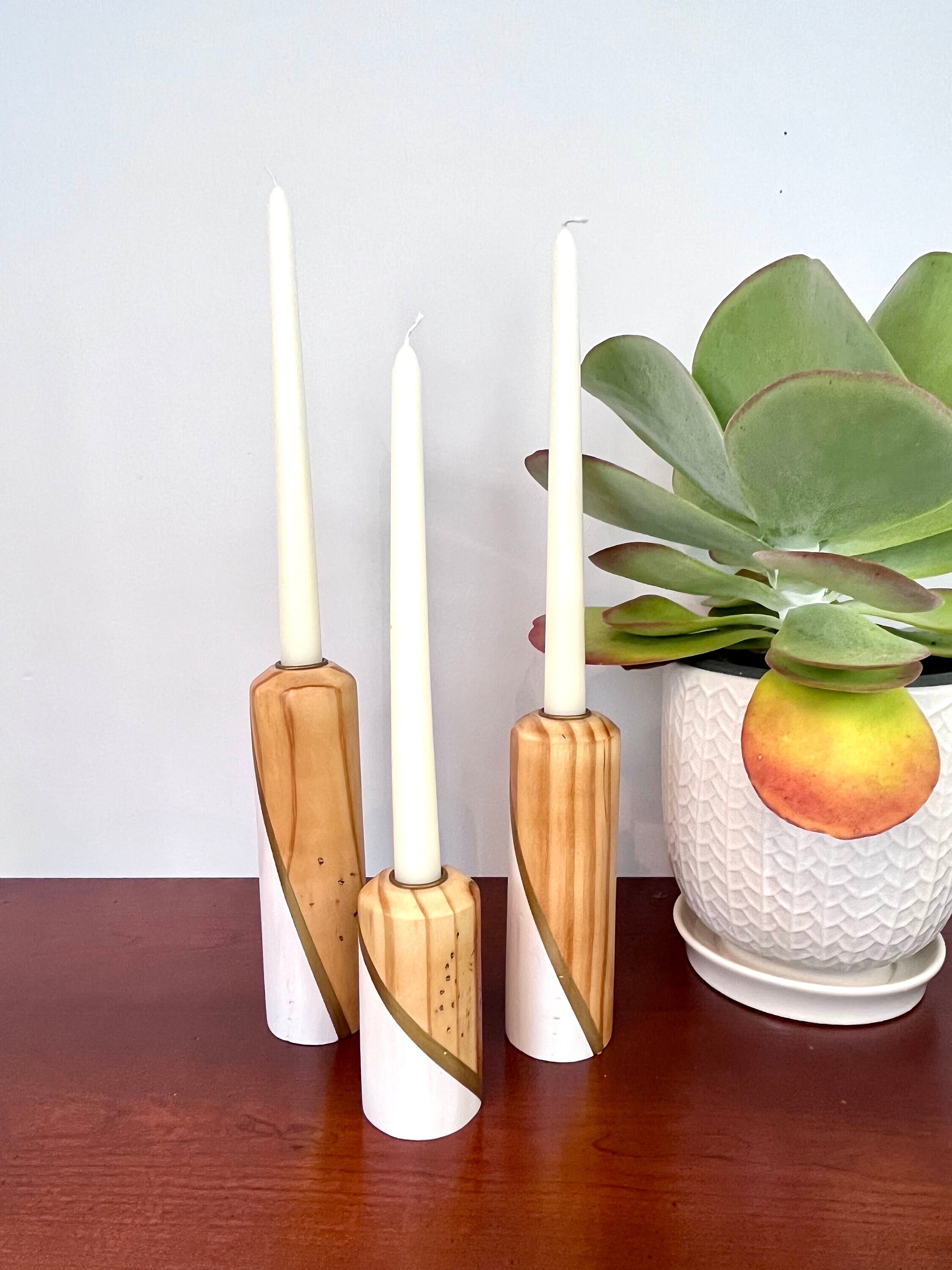 Natural Wood Taper Candle Holders With White and Metallic Gold Accents