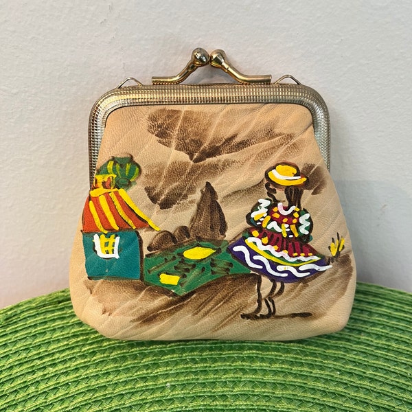 Coin purse Peru souvenir, kiss-lock clasp. handpainted design, llama stamped on back.