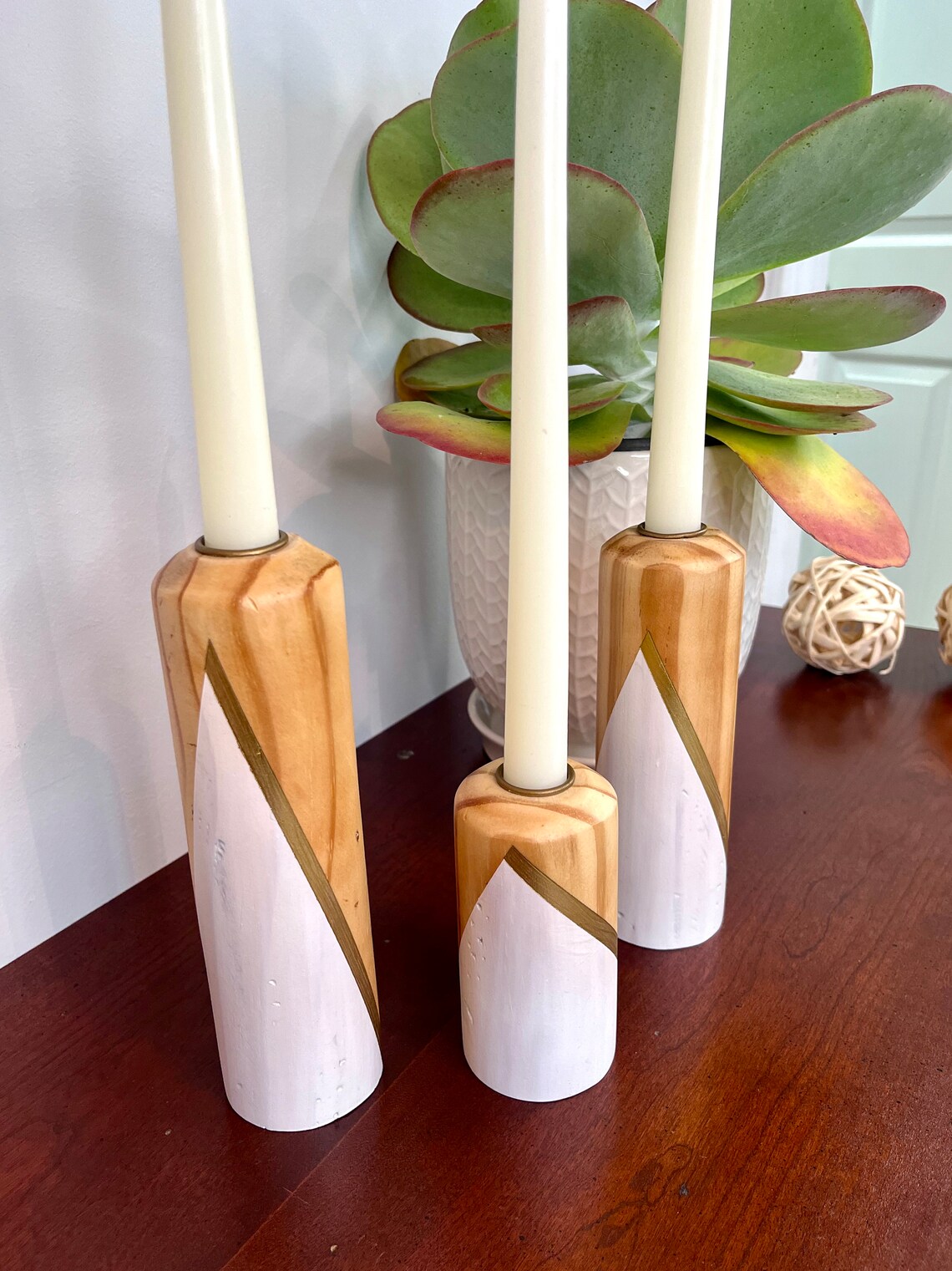 Natural Wood Taper Candle Holders With White and Metallic Gold Accents