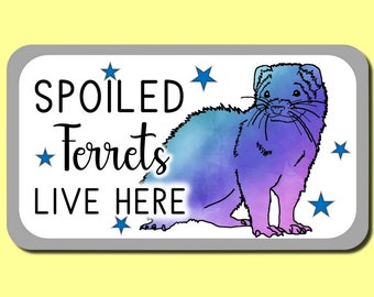 May include: A white sign with a gray border and blue stars. The sign says "Spoiled Ferrets Live Here" and features a watercolor illustration of a ferret.