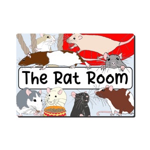 May include: A sign with the text "The Rat Room" in black lettering on a white background. The sign is surrounded by a variety of rats in different colors and poses.