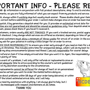 May include: A white background with black text outlining important information for customers about shipping, returns, and order processing. The text includes phrases like "Read this", "Please double check", "Always your responsibility", and "Thank you". A cartoon guinea pig is in the bottom right corner of the image.