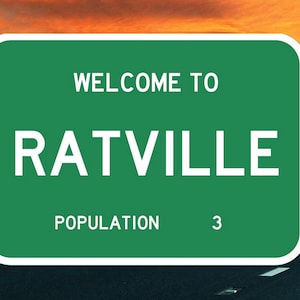 May include: A green road sign with white text that reads "Welcome to Ratville, Population 3". The sign is on a road with a yellow line down the center.