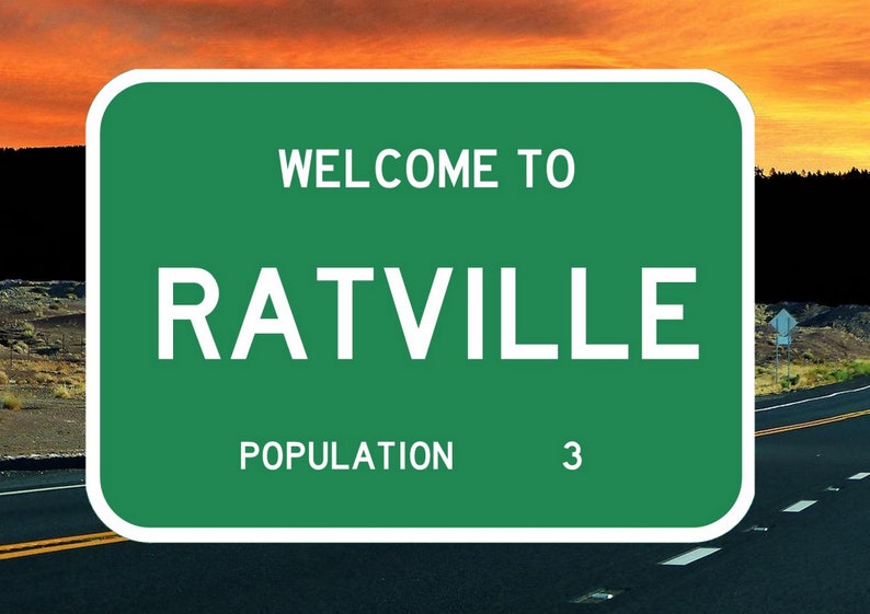 May include: A green road sign with white text that reads "Welcome to Ratville, Population 3". The sign is on a road with a yellow line down the center.