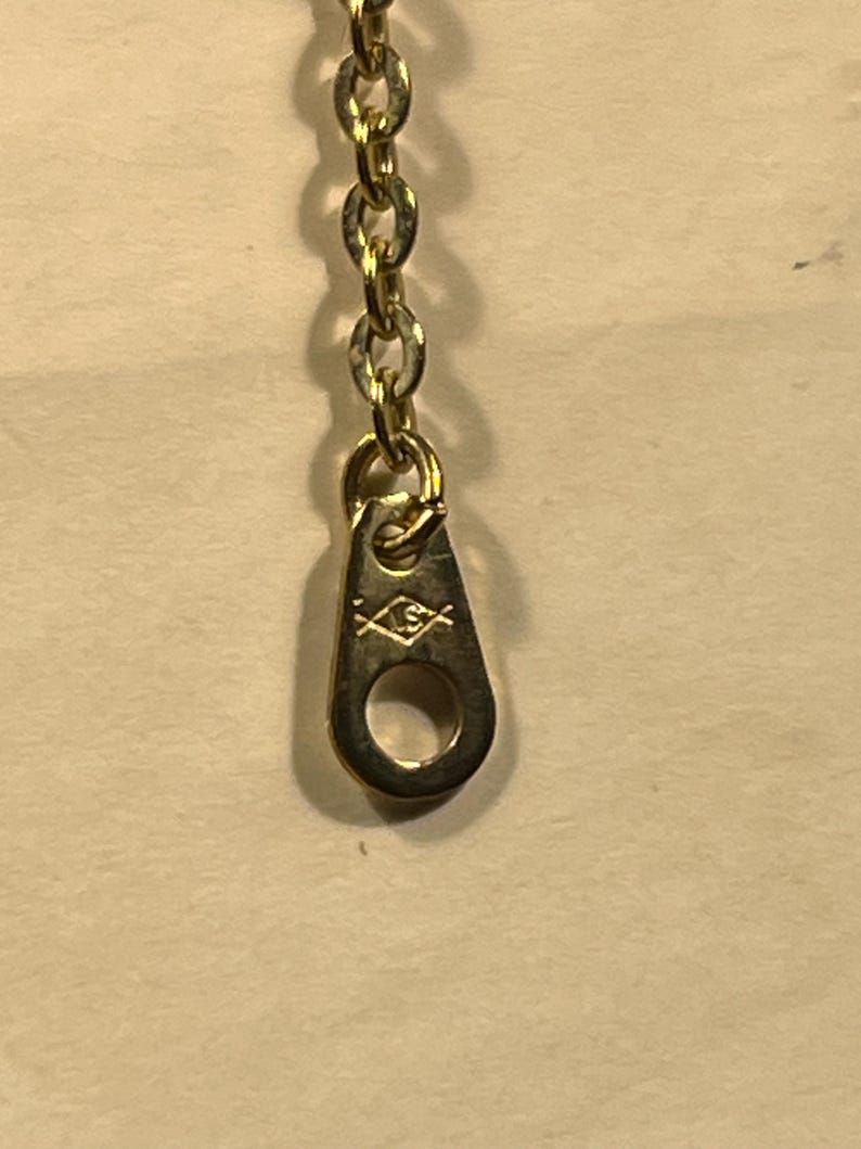 May include: A gold-toned metal chain necklace featuring a teardrop-shaped tag at the end. The tag displays a small, engraved diamond-shaped hallmark containing the letters LS, positioned below the circular link of the chain.