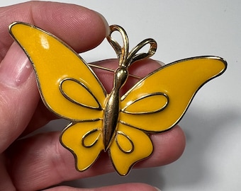 Large Butterfly Goldtone and Yellow Enamel Brooch