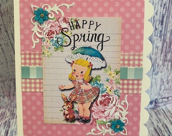 Handcrafted Vintage Easter Greeting Card, Little Girl and Bunny