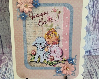 Vintage Inspired Easter Card, Baby Girl, Rhinestone Embellished