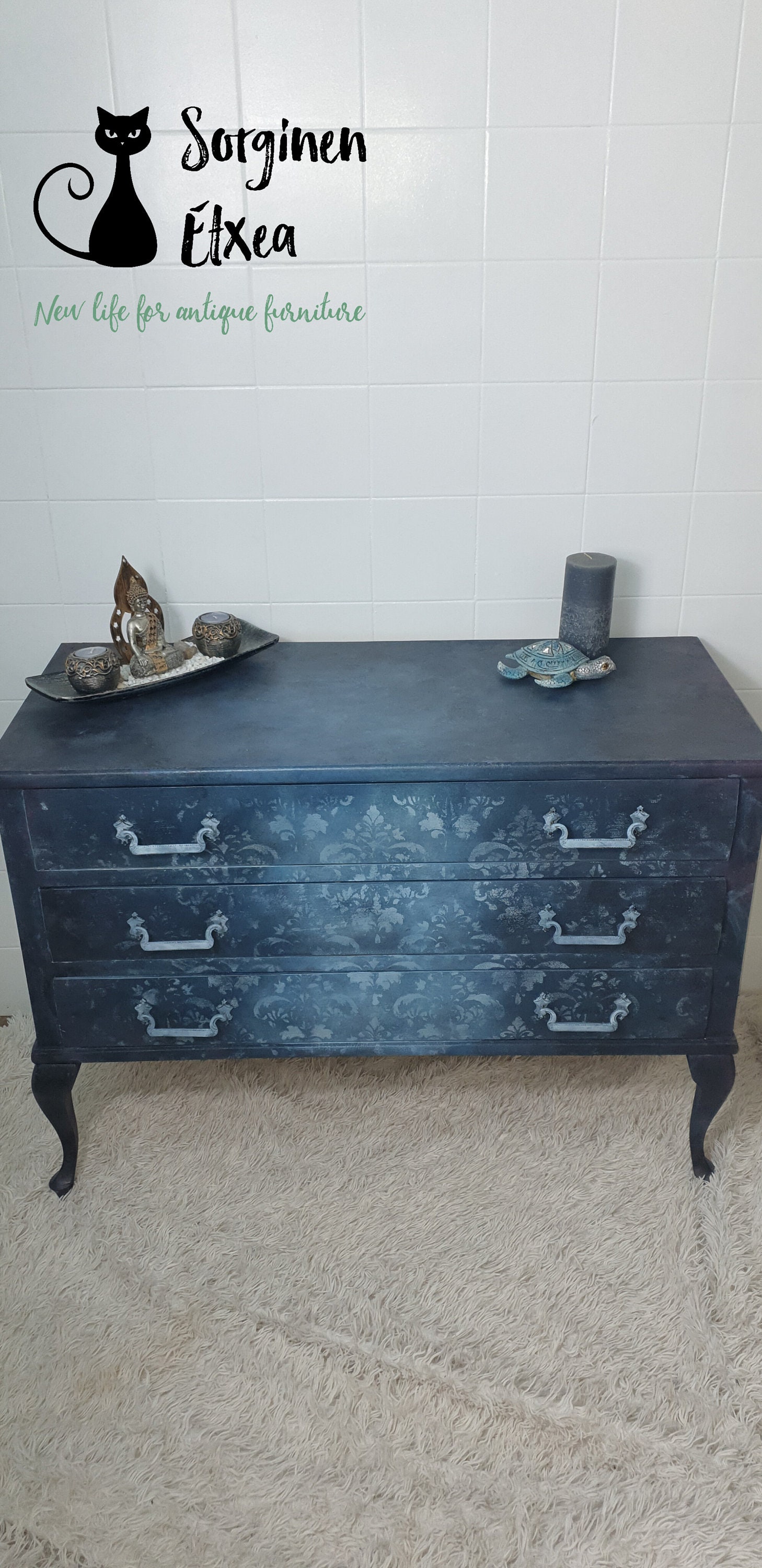 Gothic Vintage Dresser, Hand-painted Elizabethan Dressing Table, Vintage Bedroom Furniture, Dark Blue Furniture, Vintage Chest of Drawers, Chest of Drawers