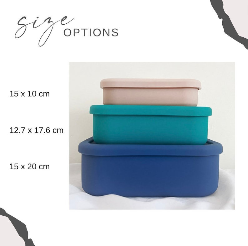 Pode incluir: Tr&ecirc;s recipientes retangulares para armazenamento de alimentos em bege, verde-azulado e azul marinho, empilhados. O recipiente maior est&aacute; na parte inferior e o menor na parte superior. A imagem inclui o texto "Size Options" e as dimens&otilde;es de cada recipiente.