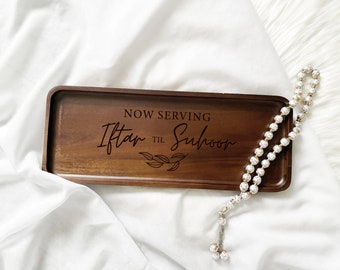 Personalized Ramadan Serving Tray: Engraved Acacia Wood, Islamic Gift