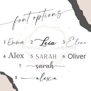 Pode incluir: Gr&aacute;fico mostrando op&ccedil;&otilde;es de fontes para itens personalizados. O texto "font options" est&aacute; no topo. Abaixo est&atilde;o oito op&ccedil;&otilde;es de fontes, incluindo nomes como Emma, Leia e Alex, em v&aacute;rios estilos.