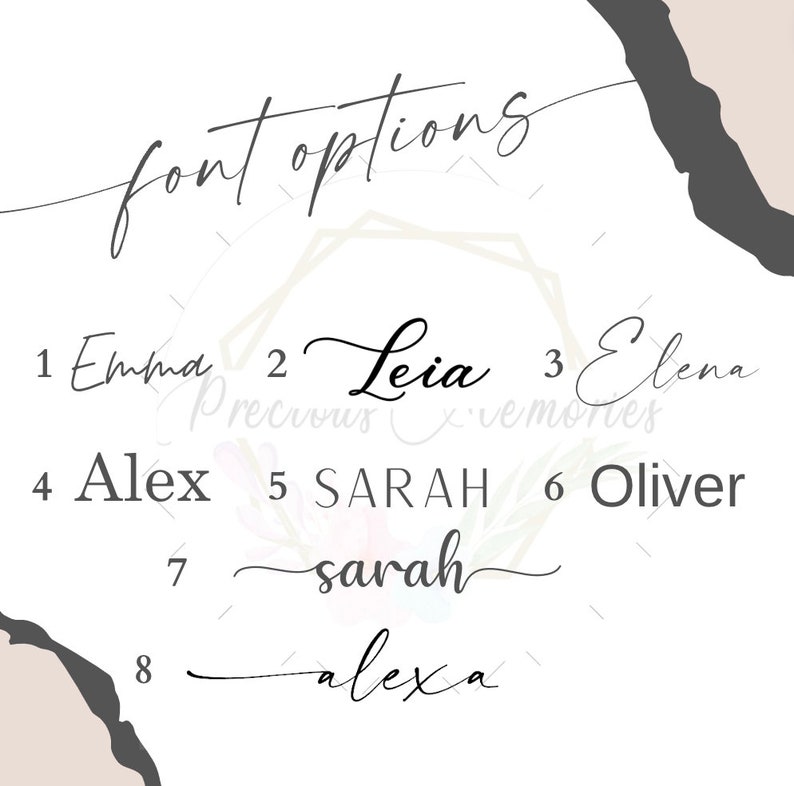 Pode incluir: Gr&aacute;fico mostrando op&ccedil;&otilde;es de fontes para itens personalizados. O texto "font options" est&aacute; no topo. Abaixo est&atilde;o oito op&ccedil;&otilde;es de fontes, incluindo nomes como Emma, Leia e Alex, em v&aacute;rios estilos.