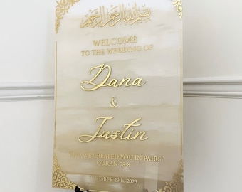 Signo Nikkah acrílico, signo de entrada de bienvenida islámica, caligrafía árabe personalizada, decoración de boda islámica, signo de boda personalizado