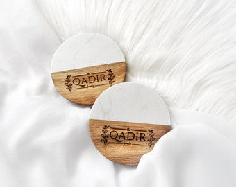 Custom Engraved Wooden and Marble Coasters, Personalized Marble Coasters, Wooden and Marble Coasters Set, Housewarming Gifts, Kitchen Decor