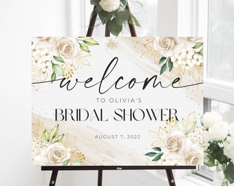 Roze glitter bloemen bruids douche teken, bruids douche downloaden, afdrukbaar evenement welkomst teken, bruids douche bewerkbare teken Canva downloaden