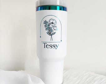 Custom Engraved Floral Tumbler: Personalized 40oz Rainbow Design