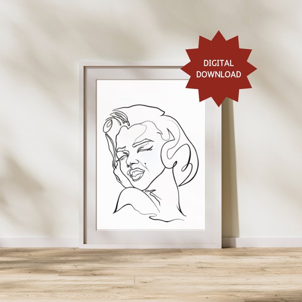 Marilyn Monroe Line Art Print, Old Hollywood art, Famous Icon Digital Print, Face Line Art, Line Wall Art face, Female Minimal Face Print