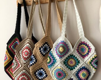 Blues Hand Stitched Crocheted Sturdy Tote Handbag USA Made Colorful Bohemian Woman\u2019s Gift Shopping Craft Bag Active