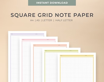 May include: A stack of square grid note papers in various sizes and colors, including purple, pink, orange, green, and yellow. Each sheet has a title and date section. The text "SQUARE GRID NOTE PAPER" is displayed at the top.
