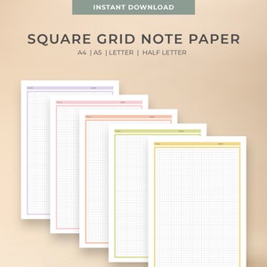 5 Farben druckbares quadratisches Gitterpapier in 4 Größen | A4, A5, Buchstabe, Halbbrief | Basic Notizbuchpapier | Blanko note | Graphpapier