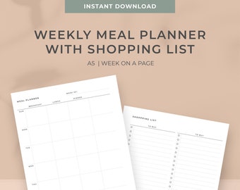 A5 Weekly Meal planner with Shopping list Printable |Week on Page | 7-day Meal planner, Grocery list | Mon & Sun start | Instant download