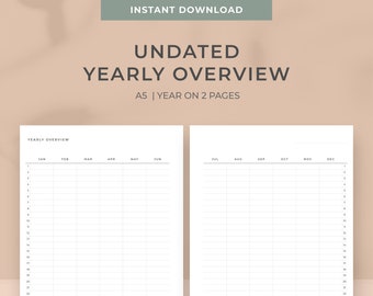 A5 Minimal Yearly Overview Planner Inserts | Instant download | Year on 2 pages | Vertical Yearly Planner | Productive&organize management |