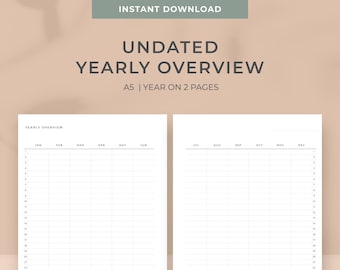 A5 Minimal Anually Overview Planner Inserts / Instant download / Year on 2 pages / Vertical Yearly Planner / Productive&organize management /