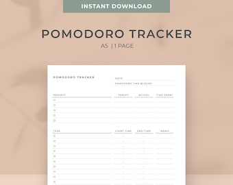 A5 Size Printable pomodoro tracker | Minimal pomodoro planner printable | Instant download| Time planner | Time management |Planner inserts|