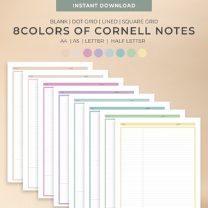 8 colores pastel de notas Cornell imprimibles disponibles en 4 tipos / A4, A5, carta, media letra / Plantillas de buenas notas / Notas de conferencia /