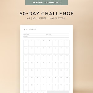 Printable & Editable 60 Day Challenge goal tracker | A4, A5, Letter, Half Letter size | Instant download| Motivating Plan |
