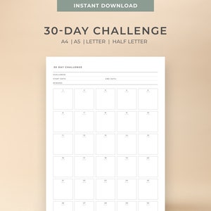 Printable & Editable 30 Day Challenge goal tracker | A4, A5, Letter, Half Letter size | Instant download|  Motivating Plan |