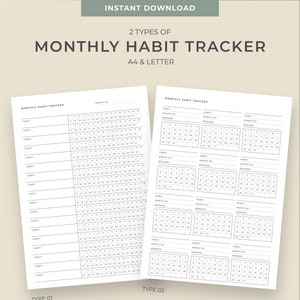 May include: Two types of printable monthly habit trackers on white paper. The top text reads "INSTANT DOWNLOAD" and "2 TYPES OF MONTHLY HABIT TRACKER A4 & LETTER". The trackers are labeled "TYPE 01" and "TYPE 02". The Etsy shop name is at the bottom.