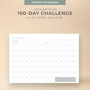 Printable & Editable 100 Day Challenge Landscape design | A4, A5, Letter, Half Letter size | Instant download|  Goal tracker |