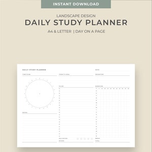 Pode incluir: Um planejador de estudo diário branco com um design de paisagem. O planejador inclui seções para planejamento de tempo, metas, prioridades e notas. O texto no planejador diz "DOWNLOAD INSTANTÂNEO", "DAILY STUDY PLANNER" e "A4 & LETTER | DAY ON A PAGE".