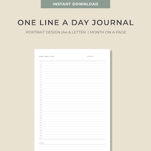 Imprimible y editable Diario mínimo de una línea al día / A4, tamaño carta / de enero a diciembre una línea al diario / Diario diario