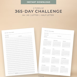 Printable 365 Day Challenge goal tracker | A4, A5, Letter, Half Letter size | Instant download| Motivating Plan | 1 year habit tracker