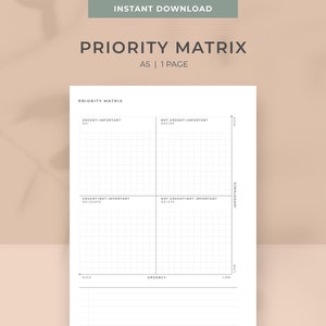 Puede incluir: Una página de planificador de matriz de prioridades imprimible en blanco con un diseño de cuadrícula. El texto incluye "Priority Matrix", "Urgente", "Importante" y "A5 | 1 PAGE". La URL de la tienda Etsy es visible en la parte inferior.