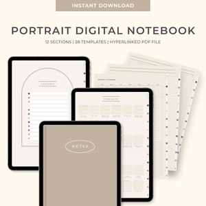 12 sekcji cyfrowego szablonu notatnika portretowego | Hiperlinkowany plik PDF | Cyfrowe notatki dla aplikacji do robienia notatek na iPadzie _Good Notes, Notability