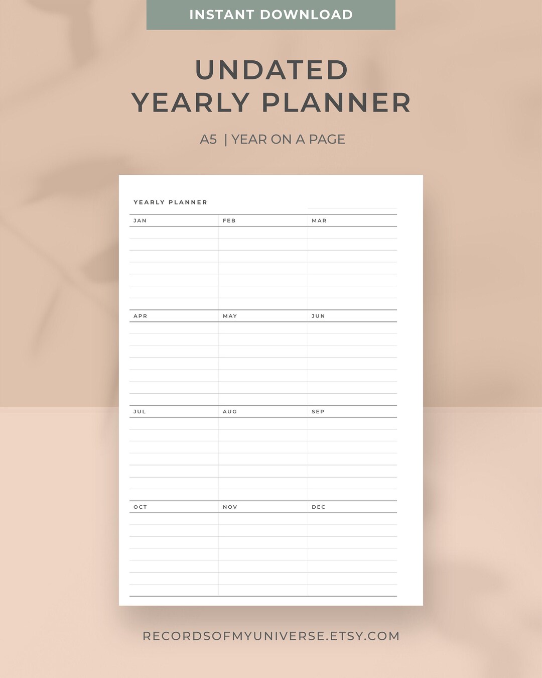 A5 Minimal Yearly Planner Inserts | Instant Download | Year on a Page ...