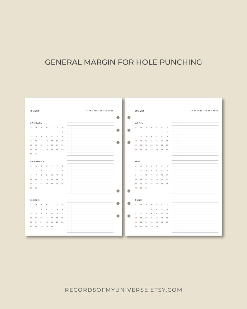 A4 A5 Letter Size 20222023 Minimal Quarterly Calendar Etsy