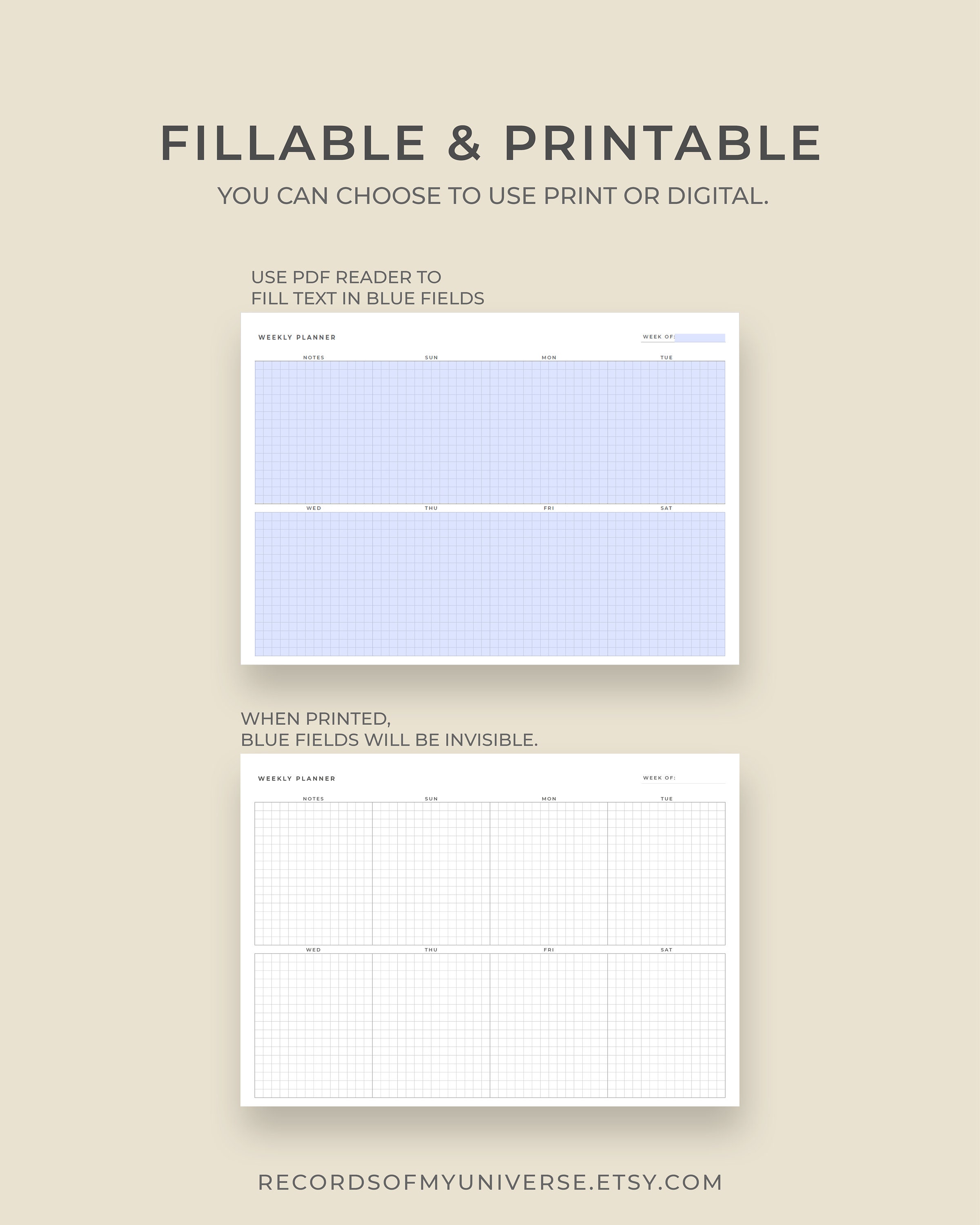 Editable &amp; Printable _ A4 , Letter Size Minimal Weekly Square Grid ...