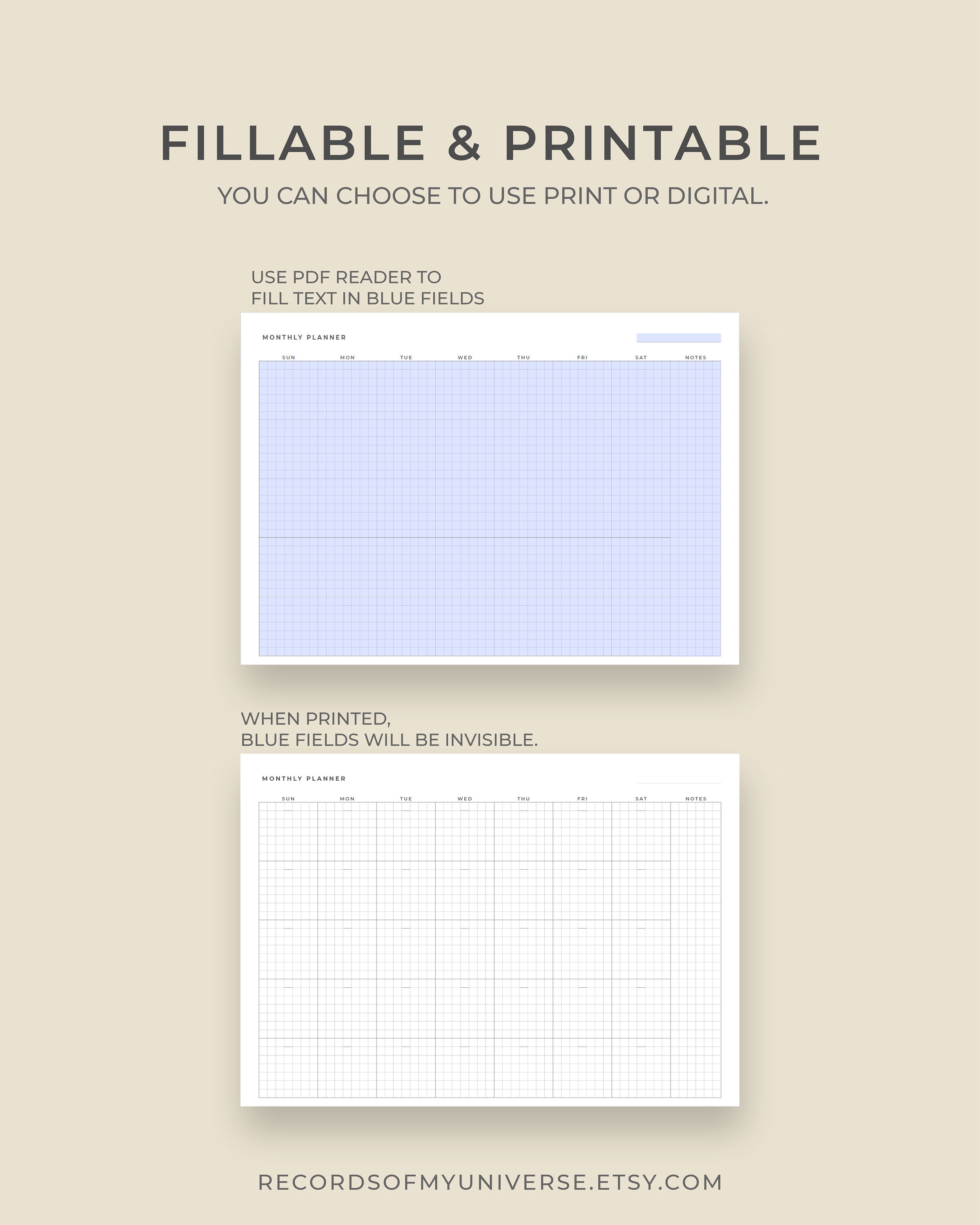 Printable &amp; Editable Minimal Square Grid Planner Template Printable | A4, Letter Size | Mon, Sun ...